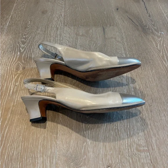 Salvatore Ferragamo Taupe Leather Slingback Mules with Silver Cap Toe - Picture 2 of 7